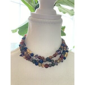 Vintage Triple Strand Beaded Choker Necklace Dark Romantic Glass Gold Tone